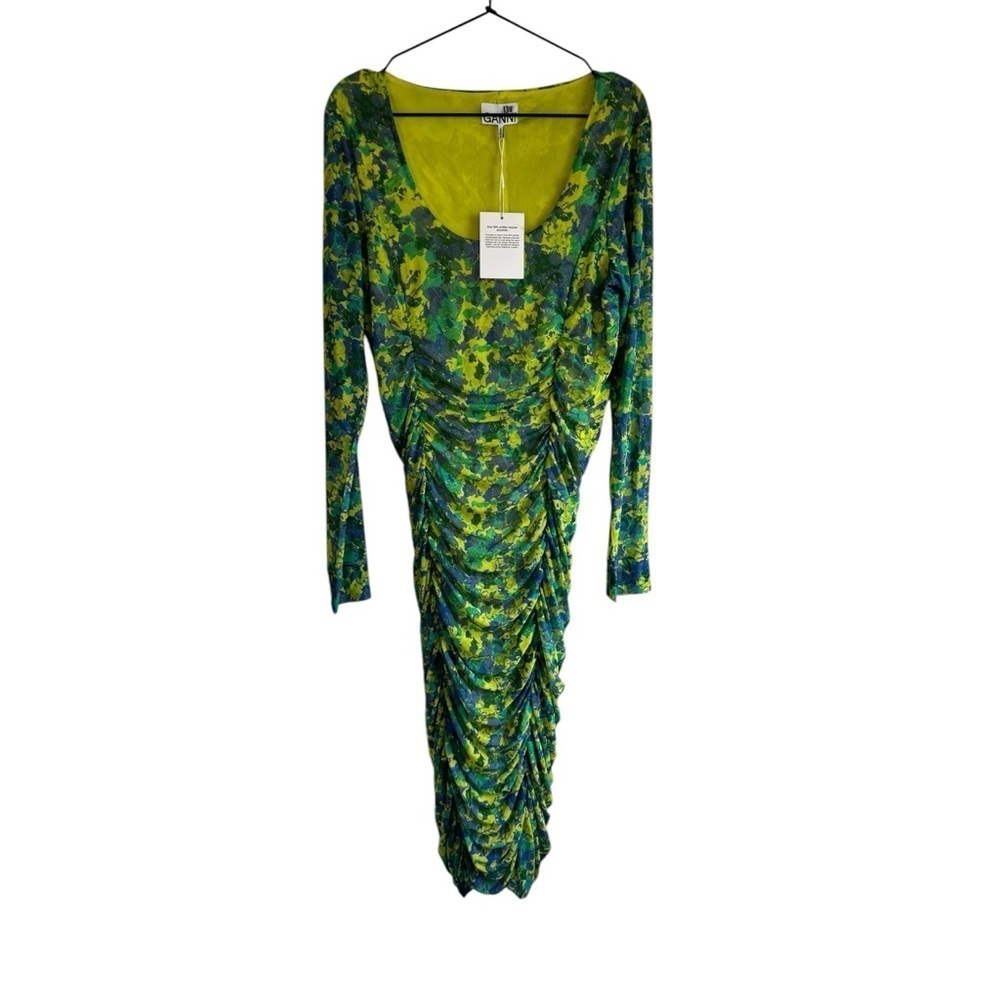 GANNI Ruched‎ floral printed Green 12 stretch-mesh midi dress - Picture 6 of 10